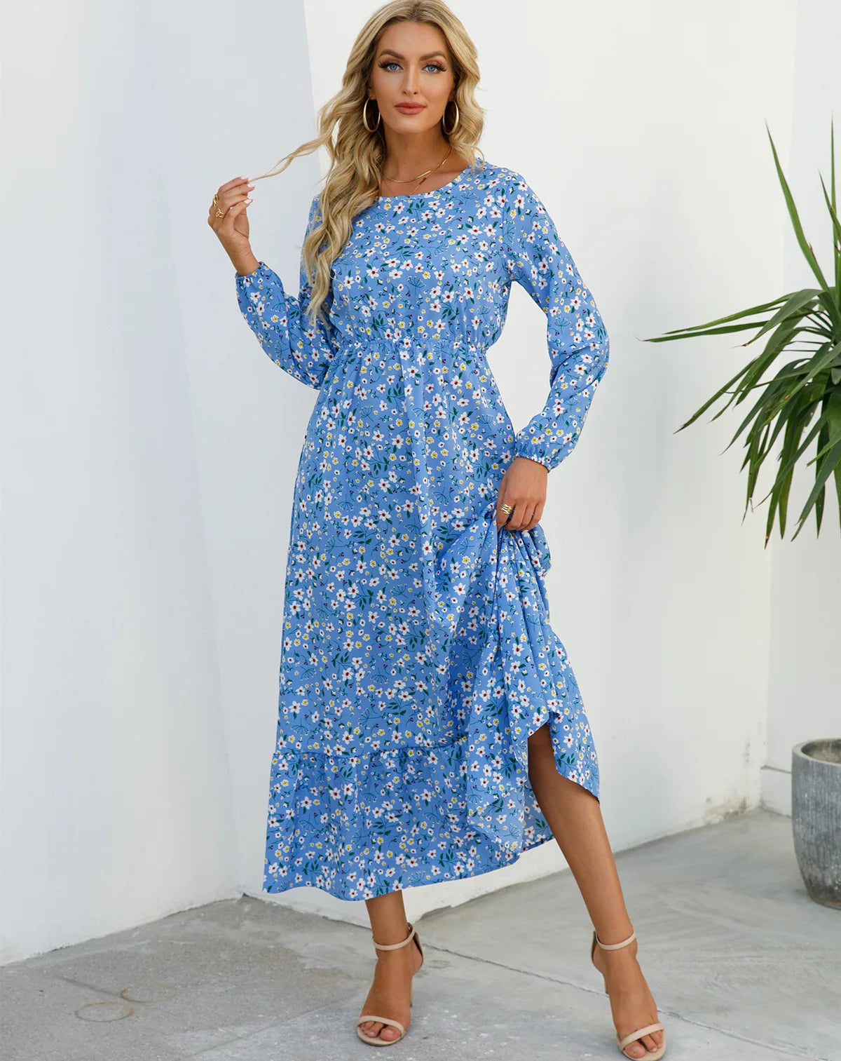 Women Eid Muslim Dresses Tight Waist O Neck Ruffles Spliced Casual Vestidos Flowers Dress Dubai Kaftan Islam Morocco Arab ShedPoundsPortal