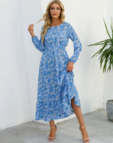 Women Eid Muslim Dresses Tight Waist O Neck Ruffles Spliced Casual Vestidos Flowers Dress Dubai Kaftan Islam Morocco Arab ShedPoundsPortal