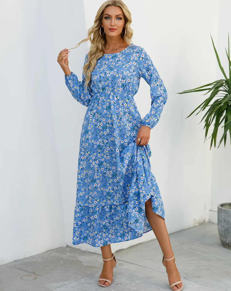 Women Eid Muslim Dresses Tight Waist O Neck Ruffles Spliced Casual Vestidos Flowers Dress Dubai Kaftan Islam Morocco Arab ShedPoundsPortal