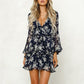Low Cut V Neck Sexy Dress Flared Long Sleeve Lace Dress Bohemian Print Lace Up Summer Dresses Qutfits Ultra-Thin Dresses