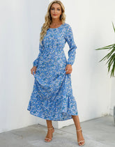 Women Eid Muslim Dresses Tight Waist O Neck Ruffles Spliced Casual Vestidos Flowers Dress Dubai Kaftan Islam Morocco Arab ShedPoundsPortal