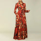 Elegant lapel print single breasted Waist tie long sleeved dress for spring and autumn women&
