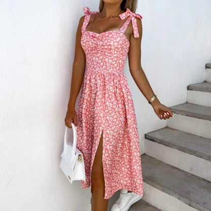 Birthday Outfits Women Sexy Solid Color Printed Square Neck Sleeveless Strap Skirt Fashion Side Split Slim Fit Dresses For Teens