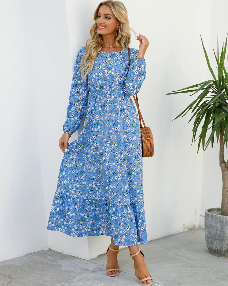 Women Eid Muslim Dresses Tight Waist O Neck Ruffles Spliced Casual Vestidos Flowers Dress Dubai Kaftan Islam Morocco Arab ShedPoundsPortal
