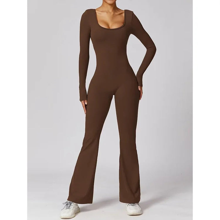 long sleeved jumpsuit U-neck tight and sexy backless jumpsuit for autumn and winter yoga sports and leisure series ShedPoundsPortal