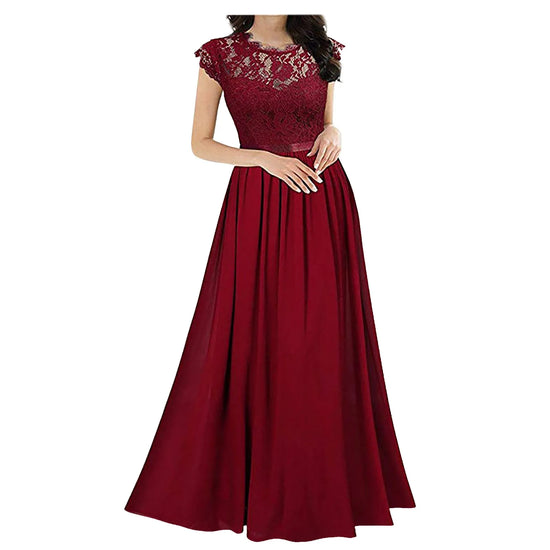 Elegant V-Neck Lace Evening Chiffon Dress for Women
