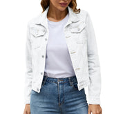 2025 Trend Womens Short Denim Jacket Classic Long Sleeve Boyfriend Jean Jacket Slim Fit Button Down Lapel Denim Coat Outwear ShedPoundsPortal