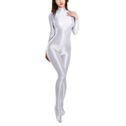 Sexy Women Zipper Full Body Jumpsuit Oil Glossy Sheer Solid Color Tights Bodysuits Long Sleeve Catsuits Smooth Swimsuits Rompers ShedPoundsPortal
