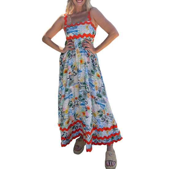 Women s Long Cami Dress Floral Leopard Print Sleeveless Square Neck Backless A-Line Ric Rac Dress