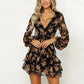 Low Cut V Neck Sexy Dress Flared Long Sleeve Lace Dress Bohemian Print Lace Up Summer Dresses Qutfits Ultra-Thin Dresses