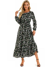 Women Eid Muslim Dresses Tight Waist O Neck Ruffles Spliced Casual Vestidos Flowers Dress Dubai Kaftan Islam Morocco Arab ShedPoundsPortal