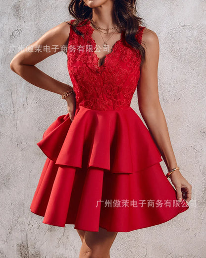 Women Spring Summer Dress Skirt V Neck Sleeveless Flounced Edge Lace Sexy Casual Sheath Fashion Comfortable Regular Standard Fit