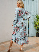 Women Eid Muslim Dresses Tight Waist O Neck Ruffles Spliced Casual Vestidos Flowers Dress Dubai Kaftan Islam Morocco Arab ShedPoundsPortal