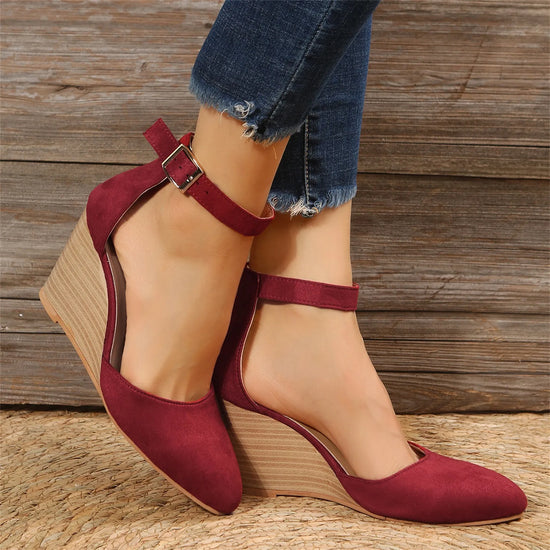 Fashion Women High Heel Sandals Closed Toe Solid Suede Pointed Wedge Heel Shoes Thick Bottom Buckle Sandals Female Footwear