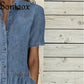 Elegant Solid Color Short Sleeve Denim Dress Summer Lapel Single-breasted Splice Dressy Female Comfortable Commuter Casual Gown