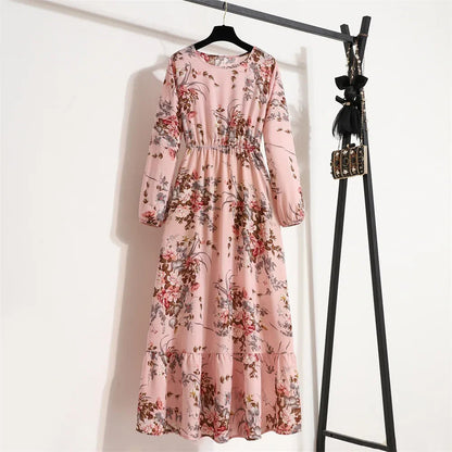 Women Eid Muslim Dresses Tight Waist O Neck Ruffles Spliced Casual Vestidos Flowers Dress Dubai Kaftan Islam Morocco Arab ShedPoundsPortal
