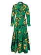 Elegant lapel print single breasted Waist tie long sleeved dress for spring and autumn women&