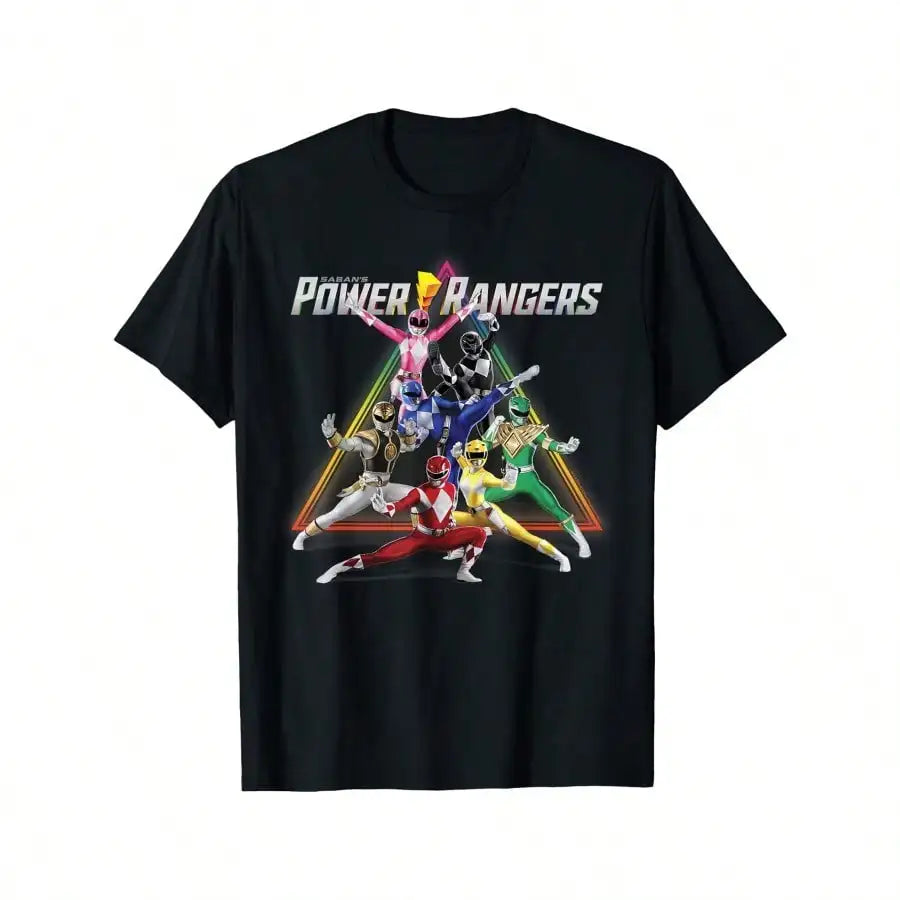 Power Rangers Rainbow Pyramid Retro Action Portrait T Shirt 100% Cotton Knit Fabric Casual T-Shirt With Crew Neck Short Sleeves ShedPoundsPortal