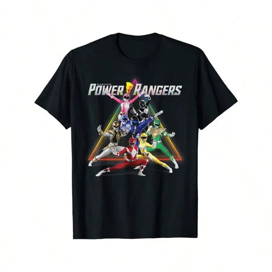 Power Rangers Rainbow Pyramid Retro Action Portrait T Shirt 100% Cotton Knit Fabric Casual T-Shirt With Crew Neck Short Sleeves ShedPoundsPortal