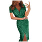 Sexy Deep V Sequins Wrap Dress Womens Ruched Short Sleeve Formal Party Dresses Sparkly Evening Gown Wedding Guest Dress Vestidos