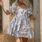 Floral Print French Puff Sleeve Dress High Waist Vintage Large Swing Dress Square Collar Dresses For Wedding Guest Vestidos