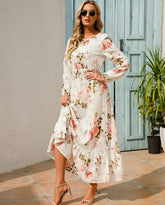 Women Eid Muslim Dresses Tight Waist O Neck Ruffles Spliced Casual Vestidos Flowers Dress Dubai Kaftan Islam Morocco Arab ShedPoundsPortal