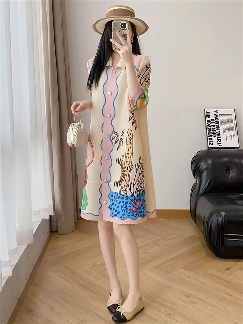 Womens Dresses Evening Dresses Beautiful Lssey Miyake Pleated Dress Summer new Fashion Lapel Loose Slim Long Print Fat mm Skirt ShedPoundsPortal