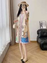 Womens Dresses Evening Dresses Beautiful Lssey Miyake Pleated Dress Summer new Fashion Lapel Loose Slim Long Print Fat mm Skirt ShedPoundsPortal