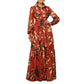 Elegant lapel print single breasted Waist tie long sleeved dress for spring and autumn women&