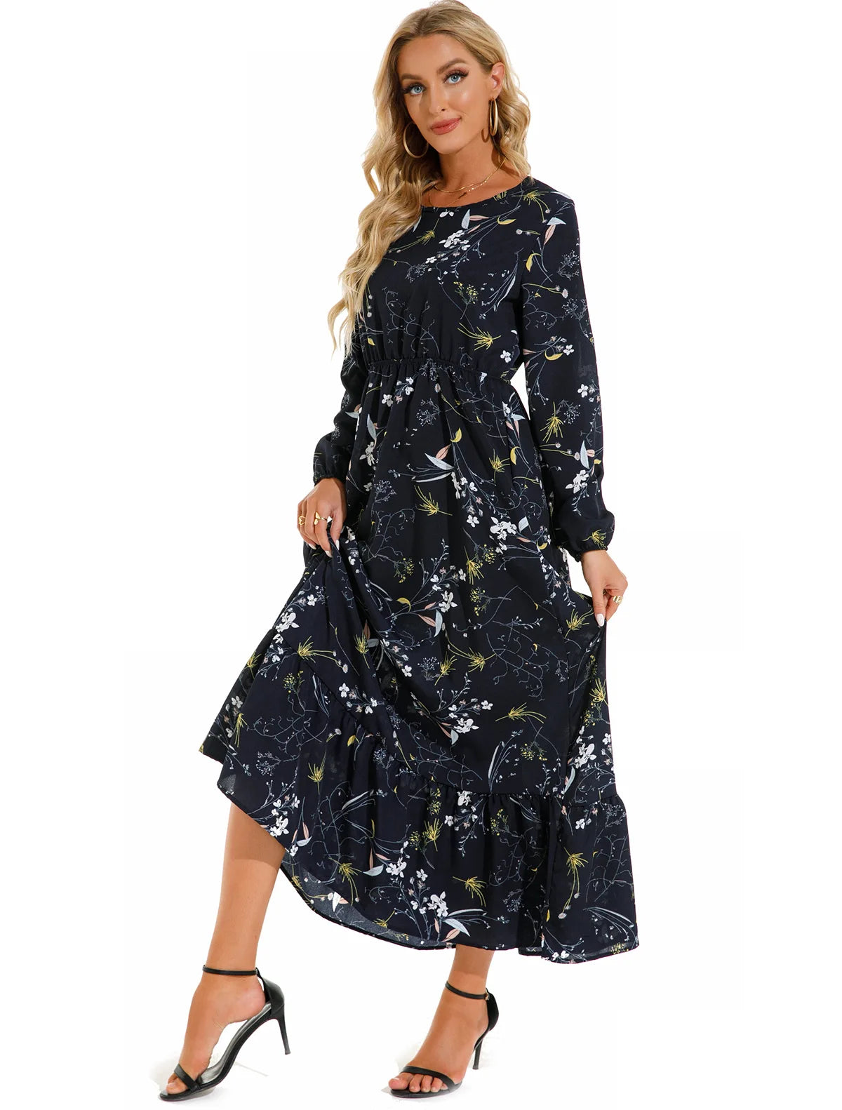 Women Eid Muslim Dresses Tight Waist O Neck Ruffles Spliced Casual Vestidos Flowers Dress Dubai Kaftan Islam Morocco Arab ShedPoundsPortal