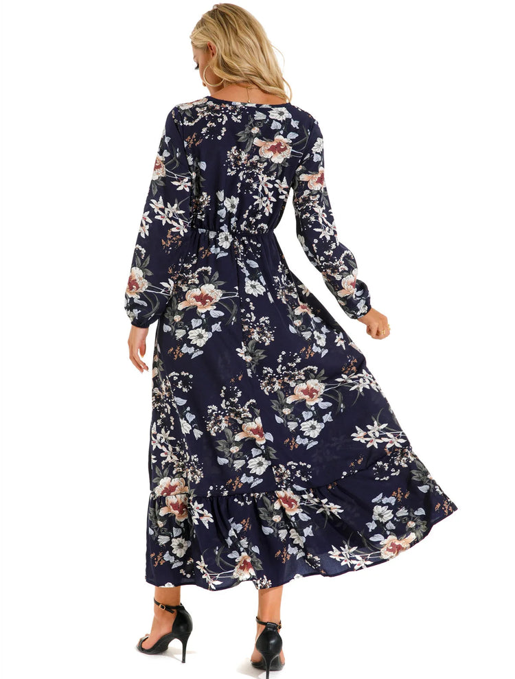Women Eid Muslim Dresses Tight Waist O Neck Ruffles Spliced Casual Vestidos Flowers Dress Dubai Kaftan Islam Morocco Arab ShedPoundsPortal