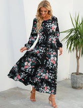 Women Eid Muslim Dresses Tight Waist O Neck Ruffles Spliced Casual Vestidos Flowers Dress Dubai Kaftan Islam Morocco Arab ShedPoundsPortal