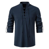 Shirt Cotton Linen Flax Tops Lace Up Long Sleeves Blouse Mens V Neck Medieval Costume Embroidery Tunic Casual Shirt ShedPoundsPortal