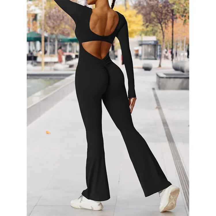 long sleeved jumpsuit U-neck tight and sexy backless jumpsuit for autumn and winter yoga sports and leisure series ShedPoundsPortal