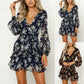 Low Cut V Neck Sexy Dress Flared Long Sleeve Lace Dress Bohemian Print Lace Up Summer Dresses Qutfits Ultra-Thin Dresses