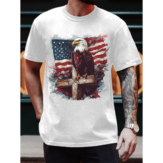T - Shirt Featuring Majestic Eagle Symbol Set Against American Flag Motif ShedPoundsPortal