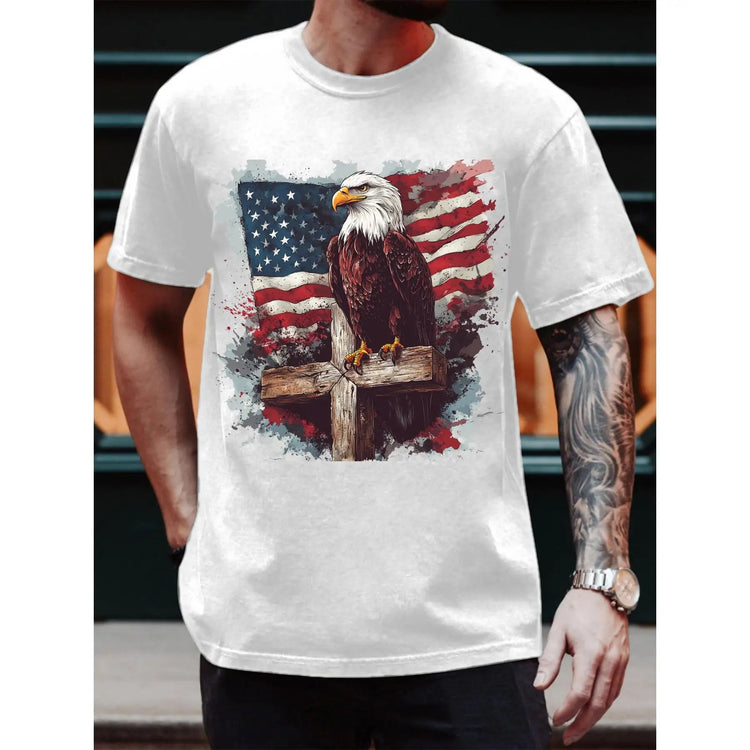 T - Shirt Featuring Majestic Eagle Symbol Set Against American Flag Motif ShedPoundsPortal