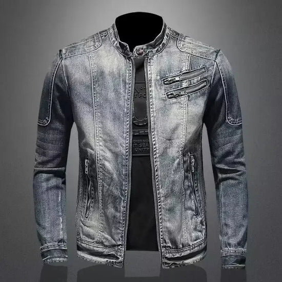 Trendy Stand Collar Zip-Uplapel Motorcycle Denim Jacket Unique Vintage Sports Top For Men Casual Trendy Brand Jacket ShedPoundsPortal