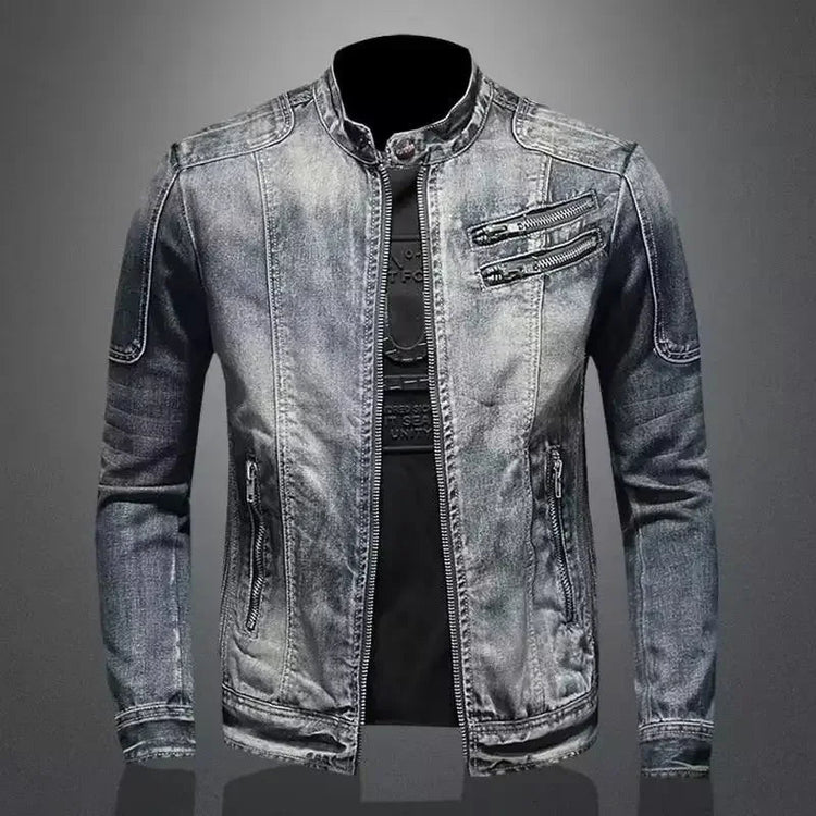 Trendy Stand Collar Zip-Uplapel Motorcycle Denim Jacket Unique Vintage Sports Top For Men Casual Trendy Brand Jacket ShedPoundsPortal