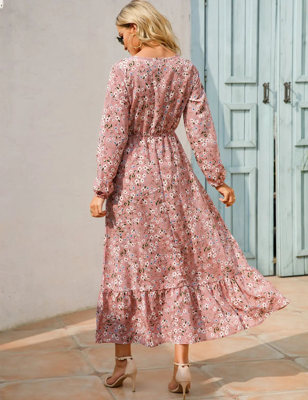 Women Eid Muslim Dresses Tight Waist O Neck Ruffles Spliced Casual Vestidos Flowers Dress Dubai Kaftan Islam Morocco Arab ShedPoundsPortal