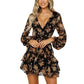 Low Cut V Neck Sexy Dress Flared Long Sleeve Lace Dress Bohemian Print Lace Up Summer Dresses Qutfits Ultra-Thin Dresses