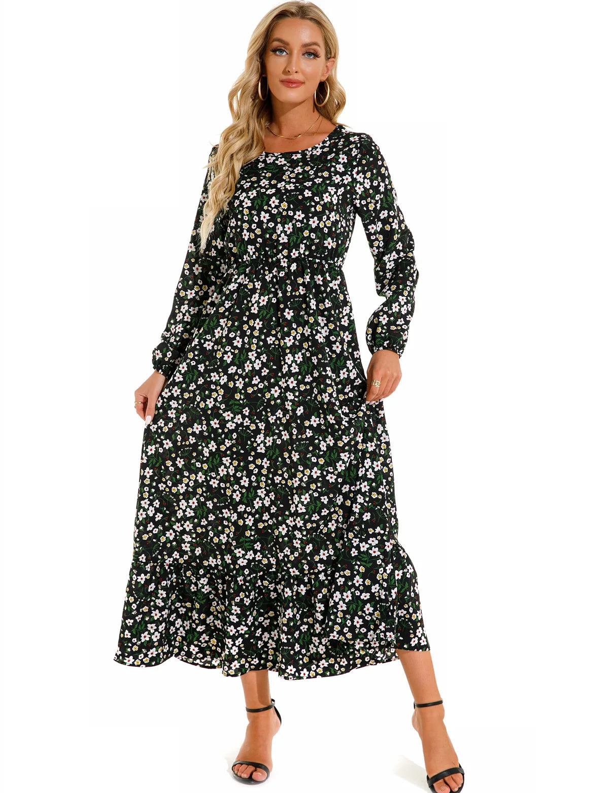 Women Eid Muslim Dresses Tight Waist O Neck Ruffles Spliced Casual Vestidos Flowers Dress Dubai Kaftan Islam Morocco Arab ShedPoundsPortal