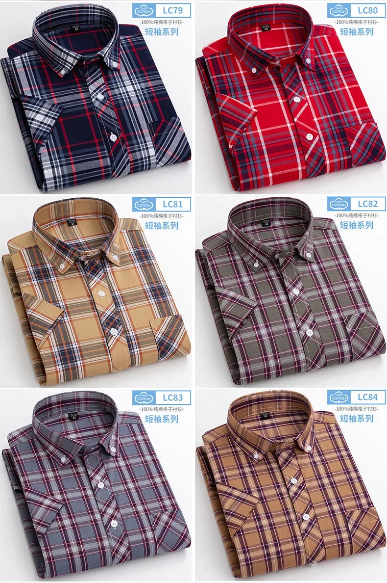 2025 Summer Cotton Plaid Short Sleeve Shirts For Men Plus Size Regular Fit Classic Young  England  Style Shirts Man&