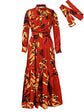 Elegant lapel print single breasted Waist tie long sleeved dress for spring and autumn women&