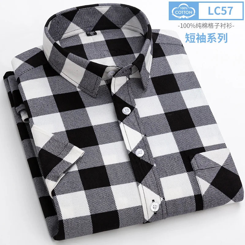 2025 Summer Cotton Plaid Short Sleeve Shirts For Men Plus Size Regular Fit Classic Young  England  Style Shirts Man&