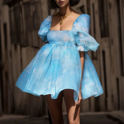 Floral Print French Puff Sleeve Dress High Waist Vintage Large Swing Dress Square Collar Dresses For Wedding Guest Vestidos