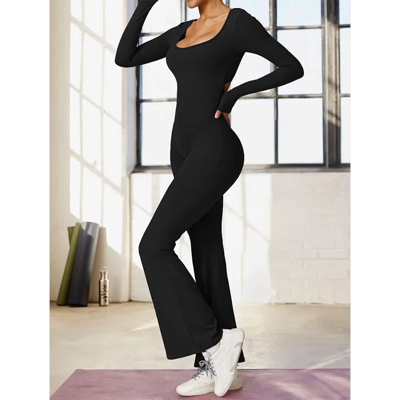 long sleeved jumpsuit U-neck tight and sexy backless jumpsuit for autumn and winter yoga sports and leisure series ShedPoundsPortal