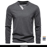 AIOPESON Henley Collar T Shirt Men Casual Solid Color Long Sleeve Autumn Fashion High Quality 100% Cotton Mens T Shirts ShedPoundsPortal