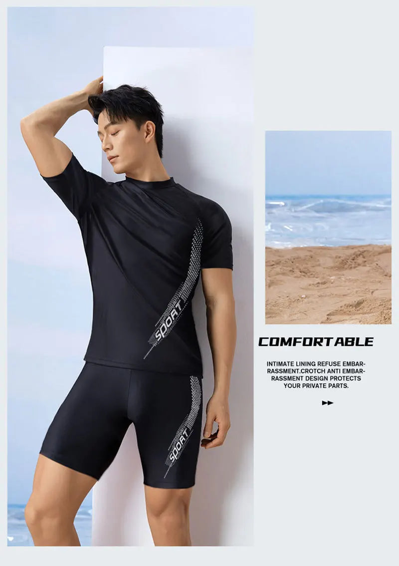 Men Swimsuit O-Neck Short Sleeve Mid-rise Swimming Suit Printing Slim Fit T-shirt Swimming Trucks Set Beachwear ShedPoundsPortal