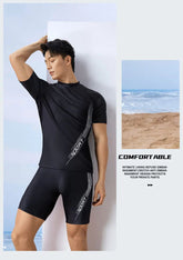 Men Swimsuit O-Neck Short Sleeve Mid-rise Swimming Suit Printing Slim Fit T-shirt Swimming Trucks Set Beachwear ShedPoundsPortal